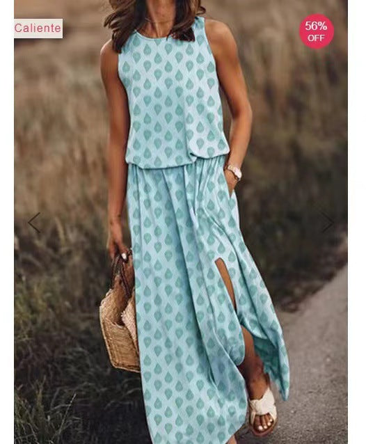 2026 Summer New European And American Women's Clothing Round Neck Sleeveless Split Hem Multi-Color Solid Color Long Dress