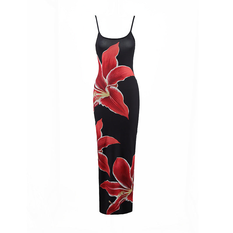 2026 Summer Women's New Sexy Suspender Flower Print Slim-Fitting Long Dress