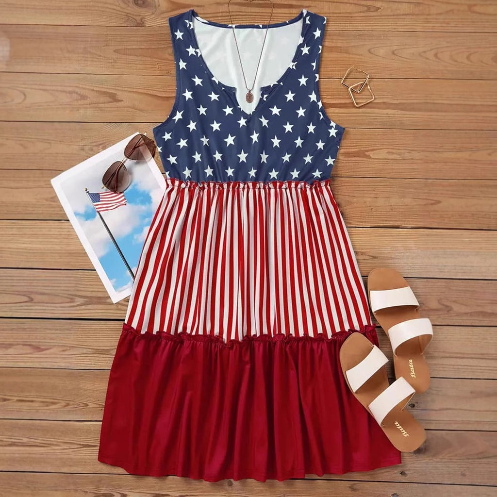 2026 European and American new American retro star-spangled flag printed sleeveless V-neck loose dress