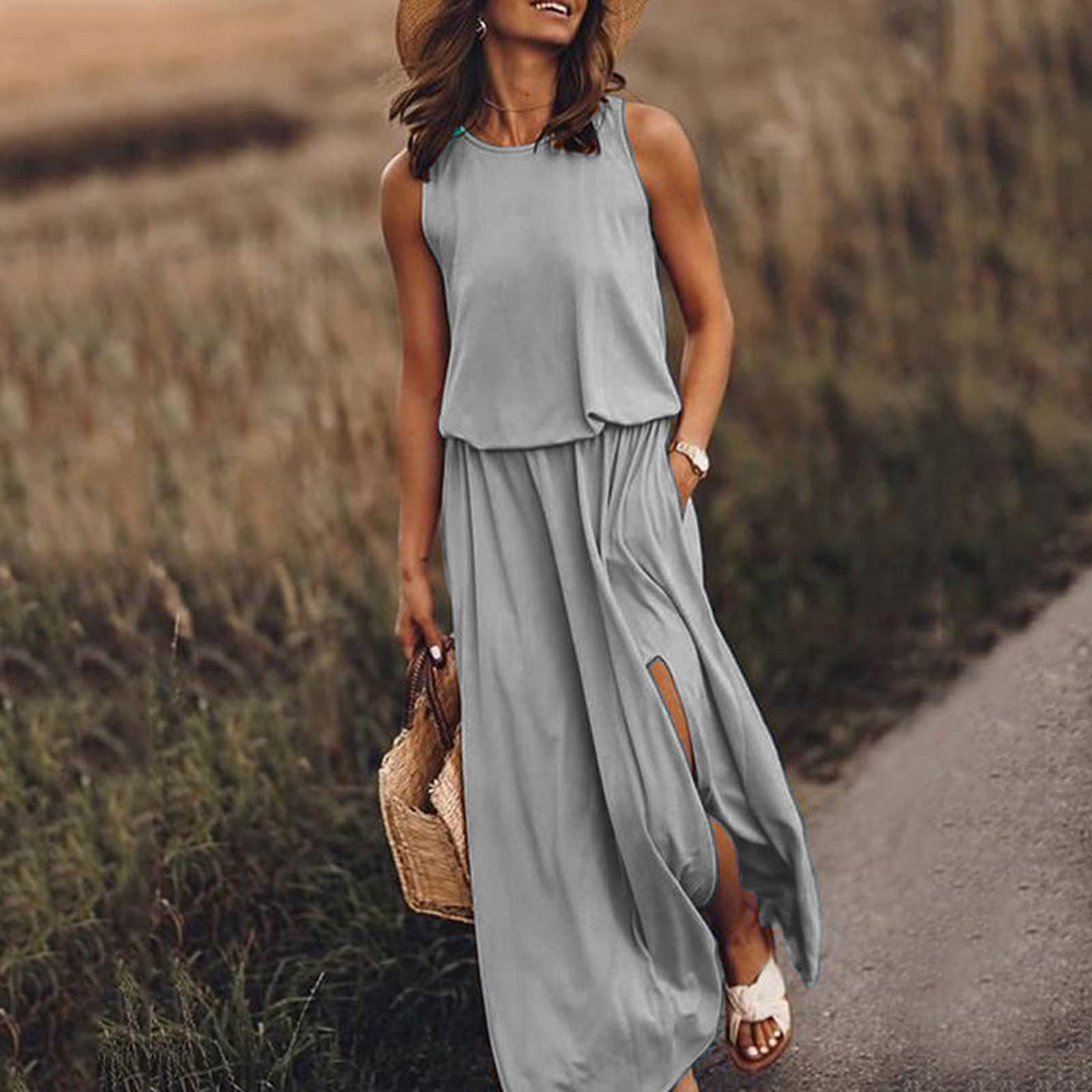 2026 Summer New European And American Women's Clothing Round Neck Sleeveless Split Hem Multi-Color Solid Color Long Dress