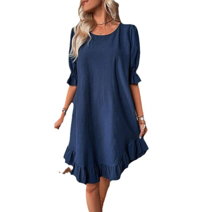 2026 spring and summer European and American women's clothing retro cotton and linen medium-sleeved round neck solid color loose pendulum dress