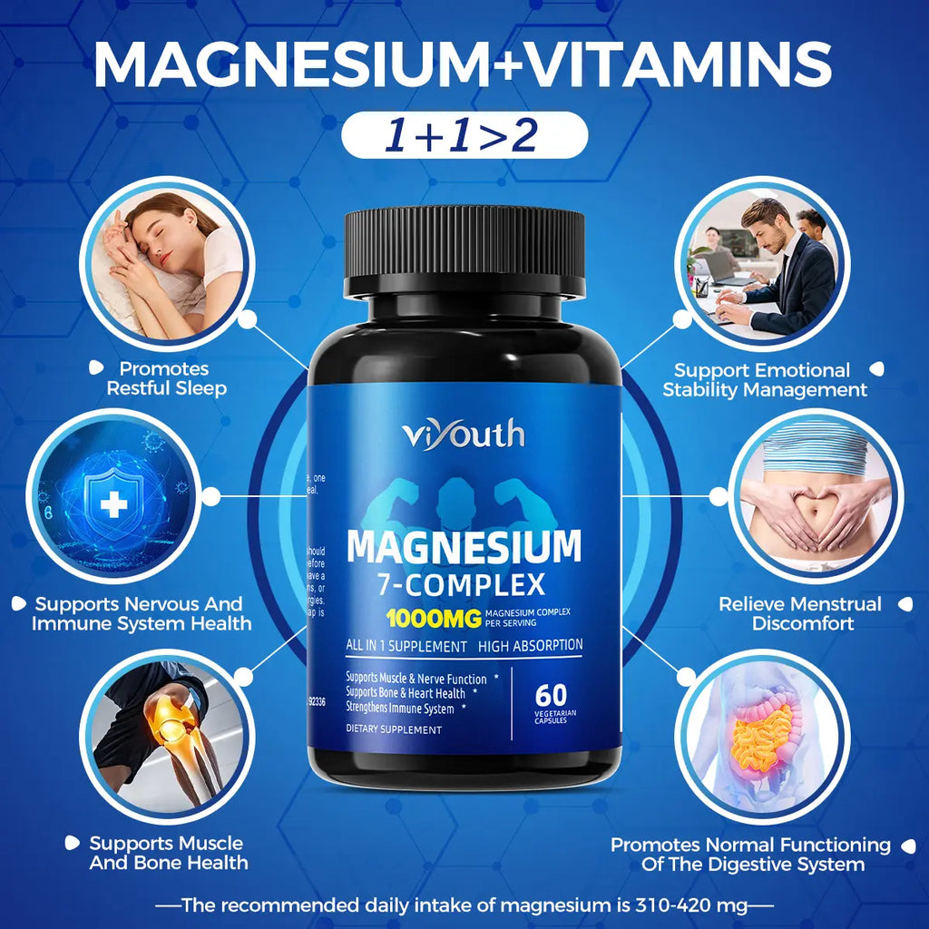 Viyouth 1000mg Magnesium Complex - 10 Elemental Magnesium Complex & Zinc for Calming Sleep & Relax - US Made - Dietary Supplement for Hair Health Digestive Detox & Cortisol Balance-3rd Party Tested Tablets Fitness, magnesium glycinate Vitamin Healthcare