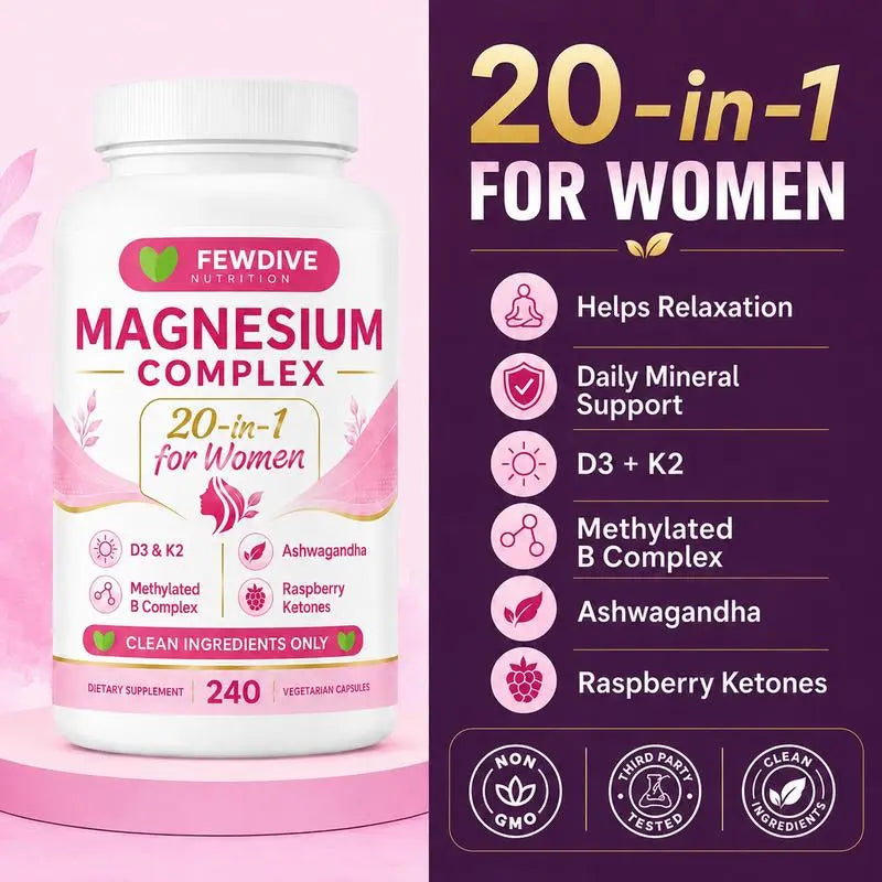 FEWDIVE Magnesium Complex for Women, 240 Vegetarian Capsules | 20-in-1 Formula - Magnesium Blend with Vitamin D3, K2, Ashwagandha & More | Filler Free, Non-GMO / Healthcare,Dietary,Supplement,Edible,Bathroom,Optimum,Fitness