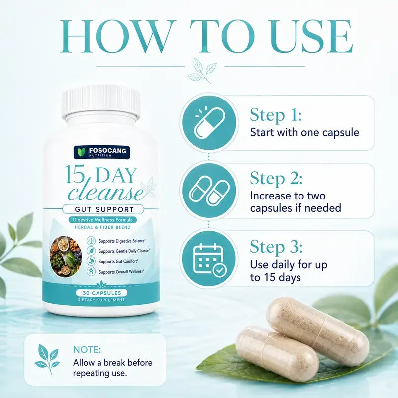 FoSoCang-15 Day Cleanse - Gut and Colon Support| Caffeine Free| Advanced Formula with Senna, Cascara Sagrada, & Psyllium Husk| Non-GMO| 30 capsules /Healthcare,Dietary,Supplement,Fitness,Vitamin,Edible