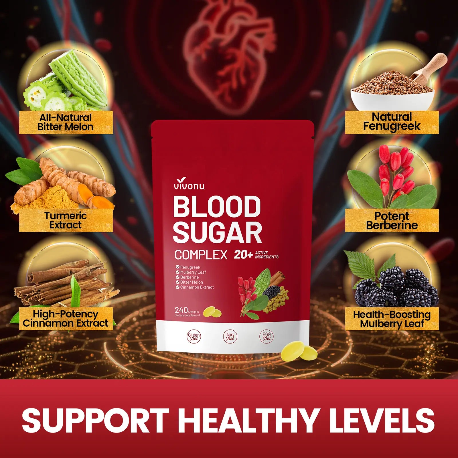 VIVONU BLOOD SUGAR COMPLEX –Blood Sugar Balance | Antioxidant Support | Metabolic Support | Enhanced Absorption | Bitter Melon + Turmeric + Cinnamon + Mulberry Leaf + Berberine + Fenugreek | 240 Capsules per Bag mothersdaygift
