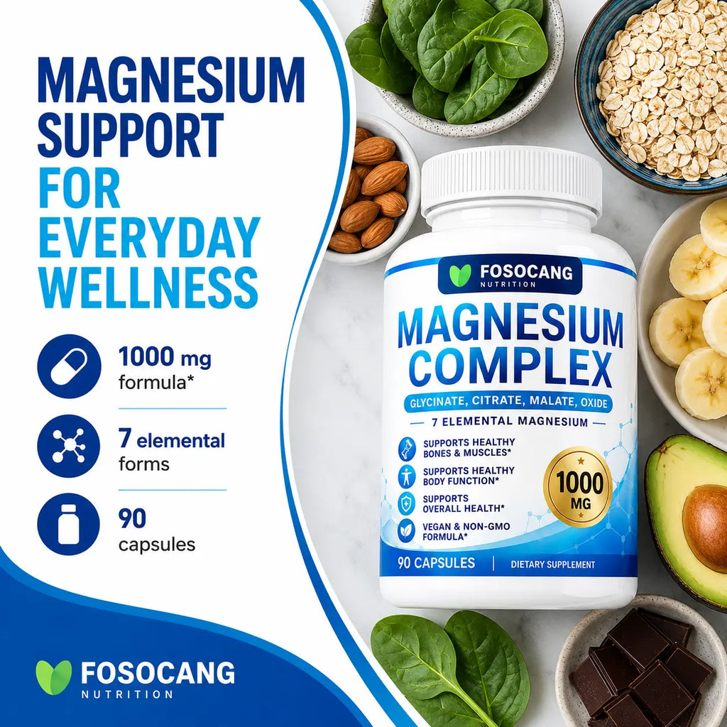FoSoCang 1000mg 7-Elemental Dietary Magnesium Complex - Non-GMO Multi-Mineral Supplement with Calcium & Vitamin, 90 Capsules for Bone Health, Calming Support & Fitness