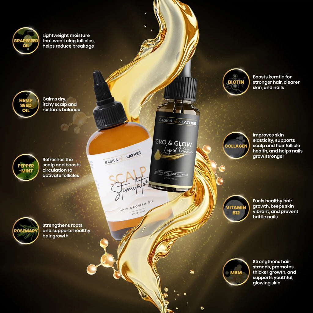 BASK AND LATHER Scalp Stimulator Hair Growth Oil - Lightweight Rosemary & Mint Blend for Thicker, Fuller Hair, Alopecia Support & Hair Regrowth
