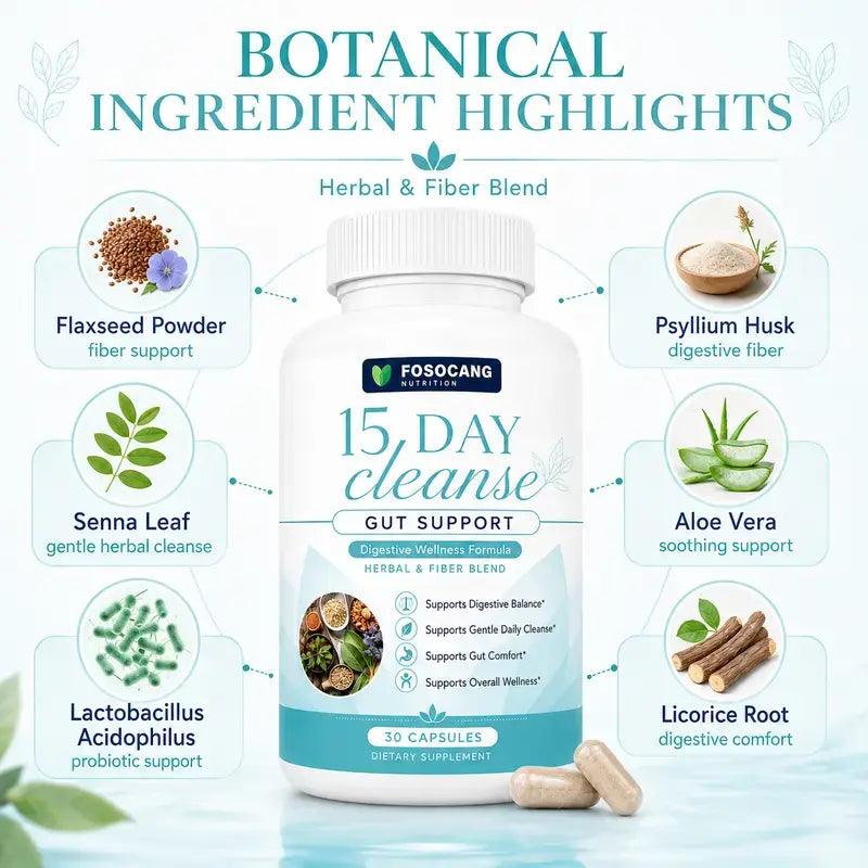 FoSoCang-15 Day Cleanse - Gut and Colon Support| Caffeine Free| Advanced Formula with Senna, Cascara Sagrada, & Psyllium Husk| Non-GMO| 30 capsules /Healthcare,Dietary,Supplement,Fitness,Vitamin,Edible