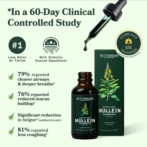 Betterbrand Mullein Leaf & Chlorophyll Drops for Lung Detox & Mucus Cleanse - 30 Servings - Clinically Studied Natural Liquid Herbal Supplement for Respiratory Wellness