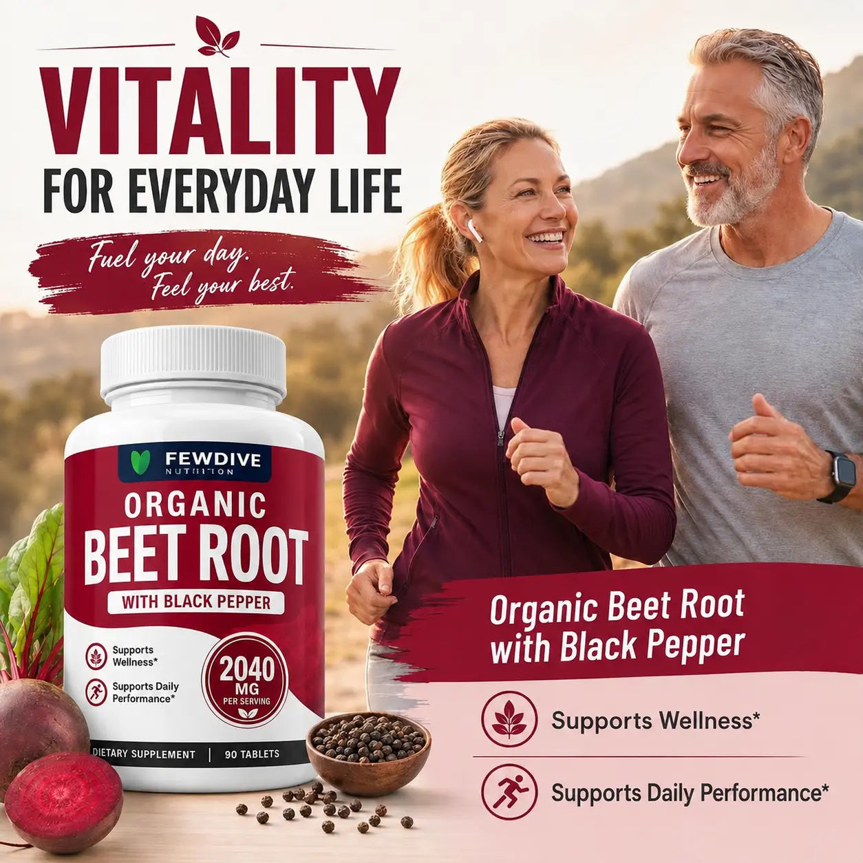 FEWDIVE Beet Root Capsules with Black Pepper, Organic Beet Root Formula, Plant-Based Daily Nutrition Support, 90 Count