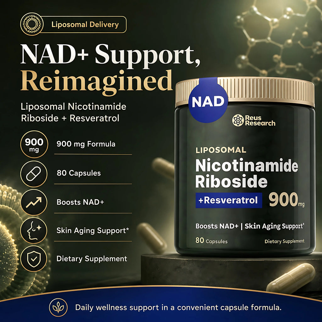 Reus Research NAD+ Nicotinamide Riboside 900mg, Liposomal NAD with Resveratrol, Skin Aging Support Supplement, 80 Capsules