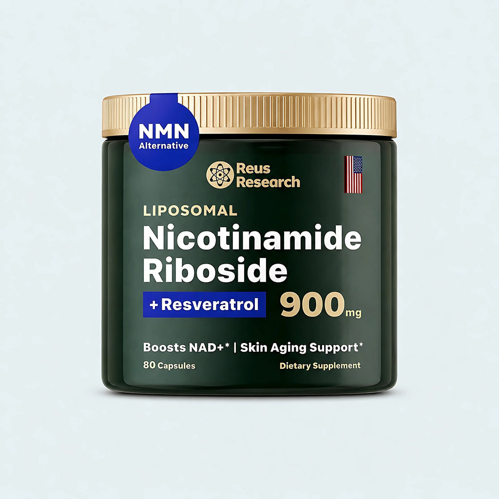 Reus Research NAD+ Nicotinamide Riboside 900mg, Liposomal NAD with Resveratrol, Skin Aging Support Supplement, 80 Capsules