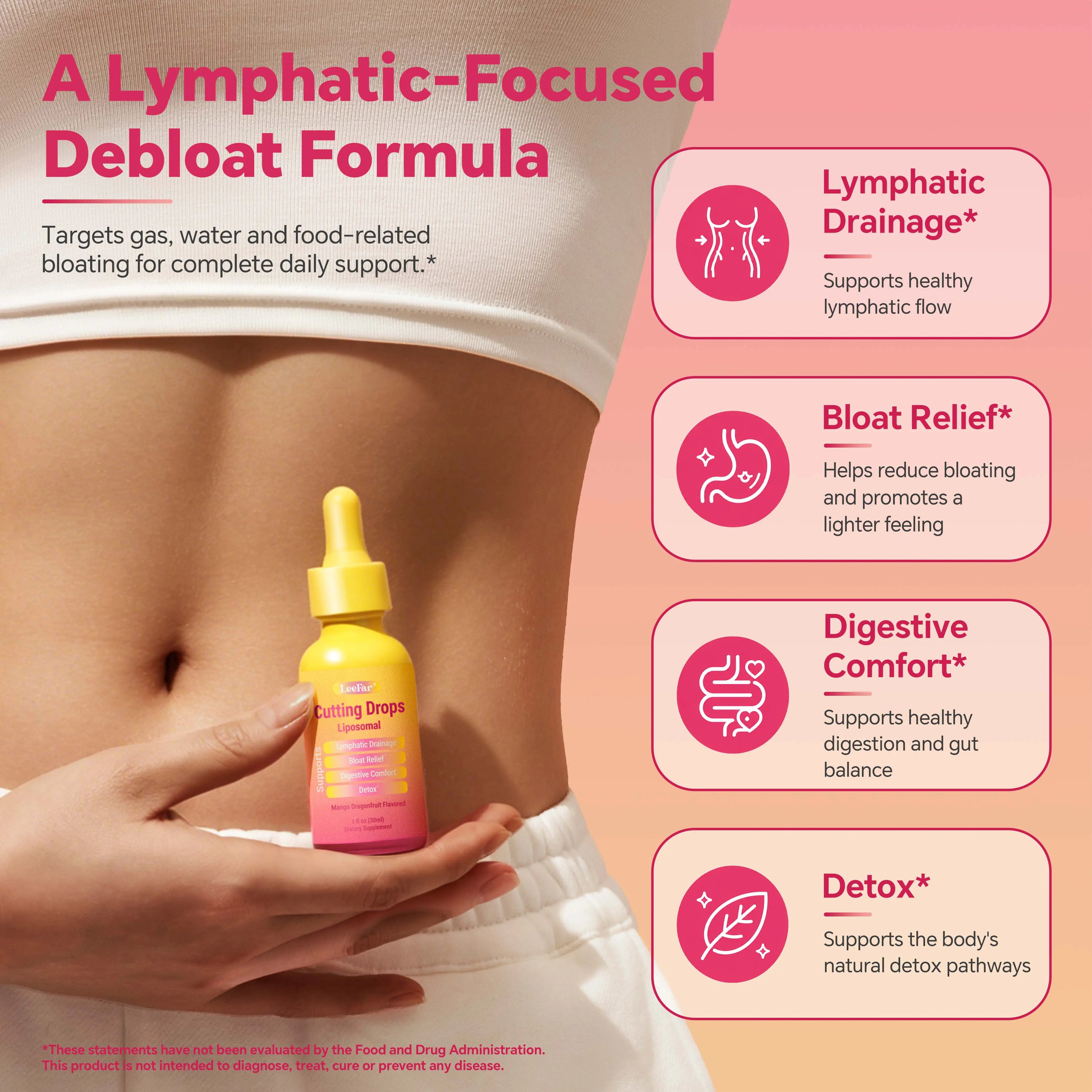 LeeFar Cutting Drops – Lymphatic-Focused Debloat Formula with Dandelion, Cleavers, Burdock & Elderberry for Lymphatic Drainage, Bloat Relief, Digestive Comfort and Detox – Mango Dragonfruit Flavor, 30 Servings