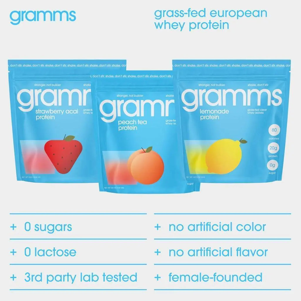 Gramma Strawberry Acai Protein: GRAMMS Clear Protein Powder, Strawberry Acai -455g |   20g Protein Grass-Fed Whey Isolate, Zero Sugar, Zero Lactose, Non-Bloating, Non-GMO, Protein for Women