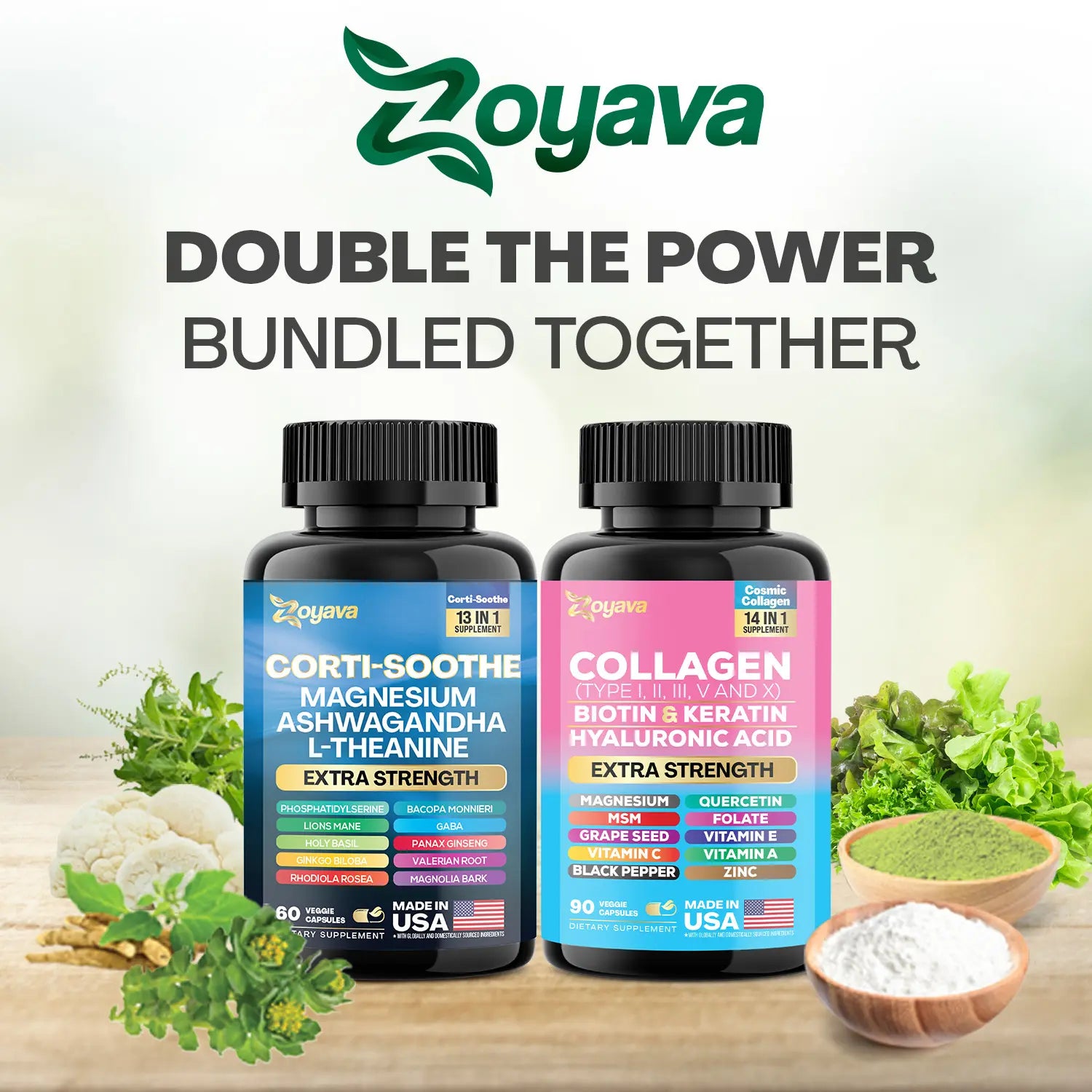 Shining Serenity Set - Zoyava Collagen & Cortisol All-in-One Dietary Supplement - Multivitamin Combo for Fitness & Healthcare with Extra Strength Ingredients - Made in USA