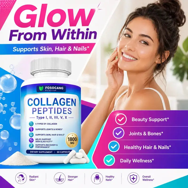FoSoCang Multi Collagen Peptides Complex Supplement - 5-Type Pure Collagen, 1800mg Nutrition Capsules, 90-Count for Youthful Hair & Nail Care, 24-Month Shelf Life Health Beauty Dietary Supplement