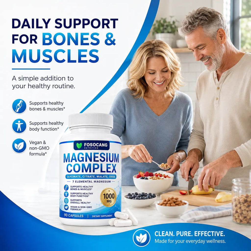 FoSoCang 1000mg 7-Elemental Dietary Magnesium Complex - Non-GMO Multi-Mineral Supplement with Calcium & Vitamin, 90 Capsules for Bone Health, Calming Support & Fitness