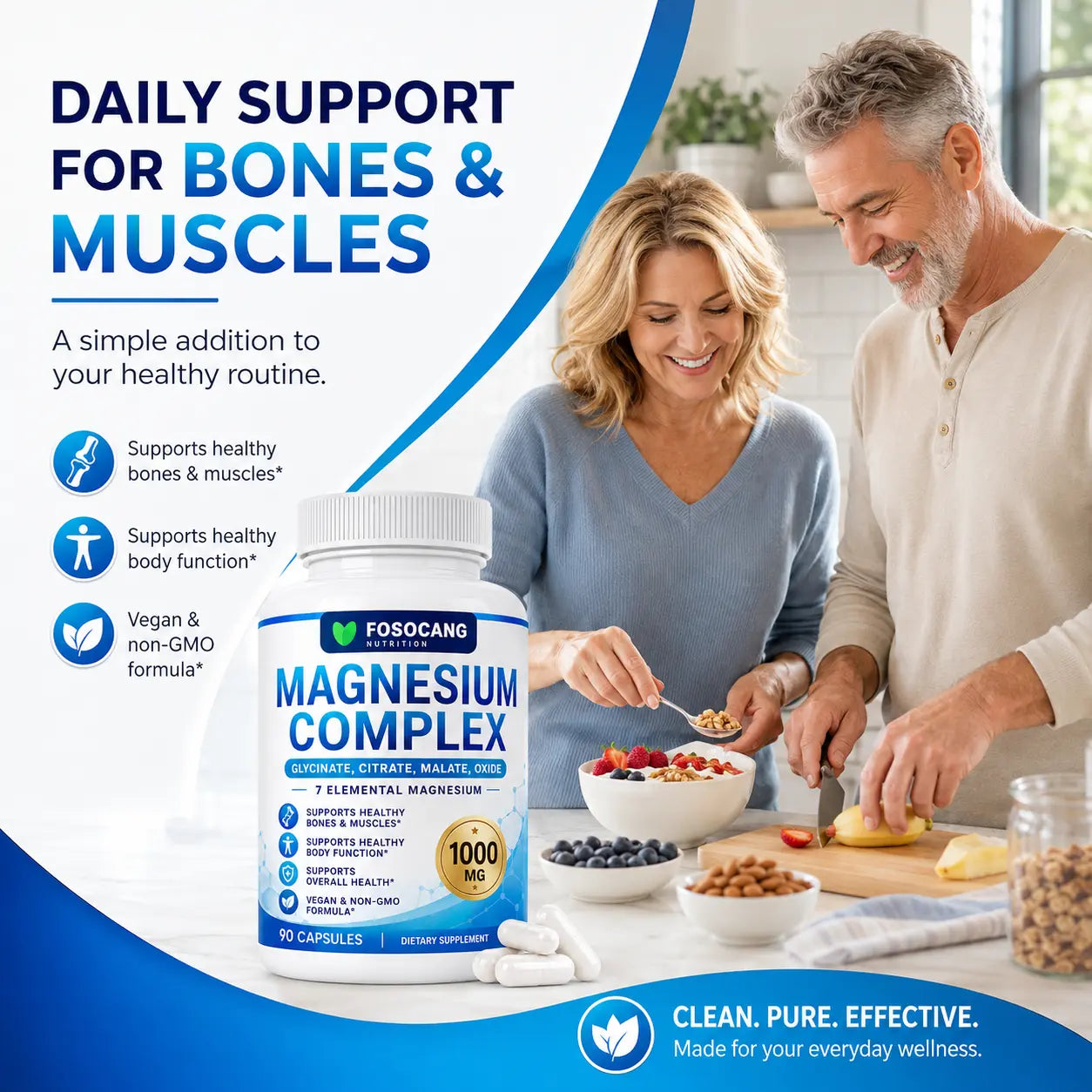 FoSoCang 1000mg 7-Elemental Dietary Magnesium Complex - Non-GMO Multi-Mineral Supplement with Calcium & Vitamin, 90 Capsules for Bone Health, Calming Support & Fitness