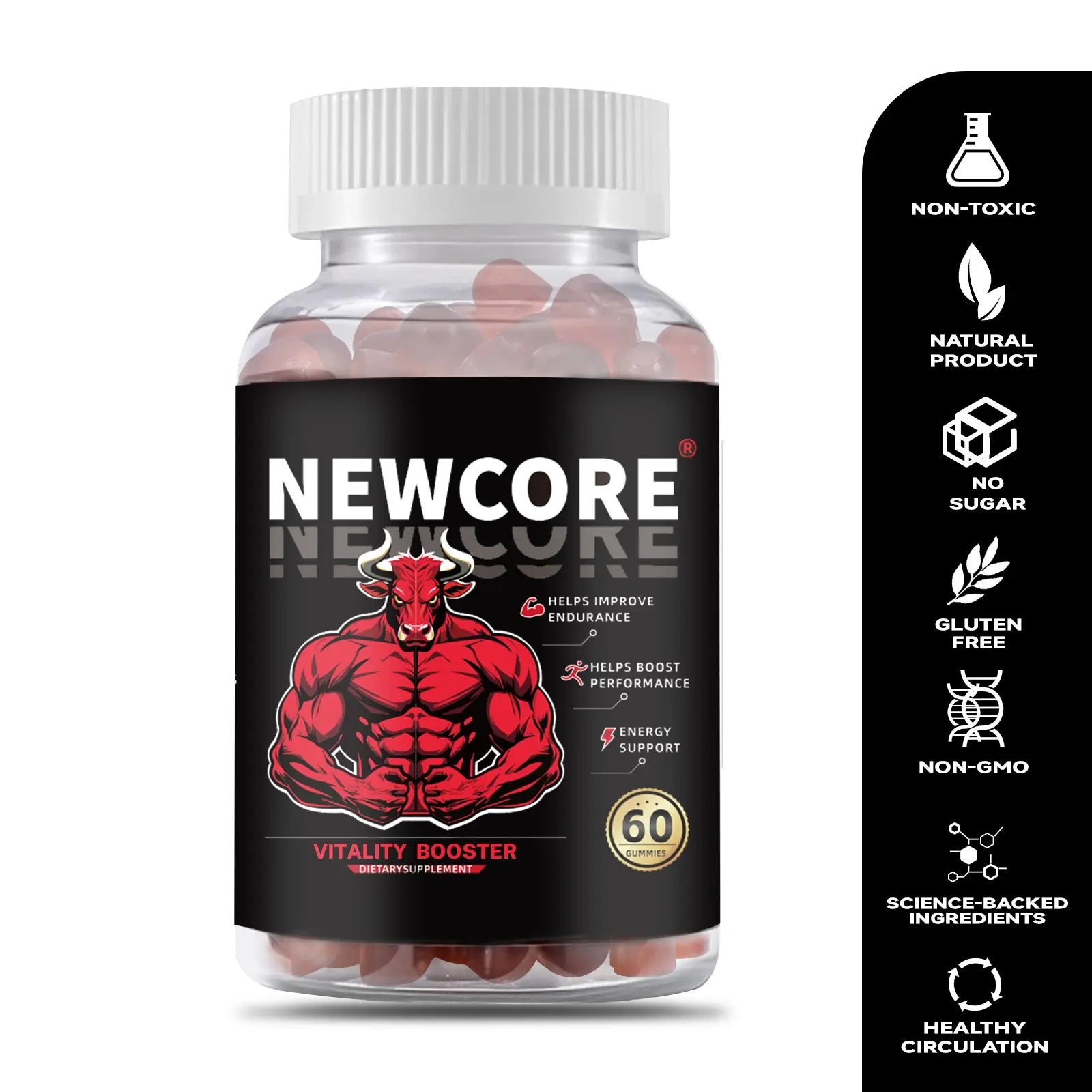 Newcore ｜ 7-in-1 Nitric Oxide Booster - Maca Root & L-Arginine & Ashwagandha & Horny Goat Weed & Shilajit & Tongkat Ali & Beet Root Gummy for Blood Flow, Energy & Stamina Support | 100%25 Natural