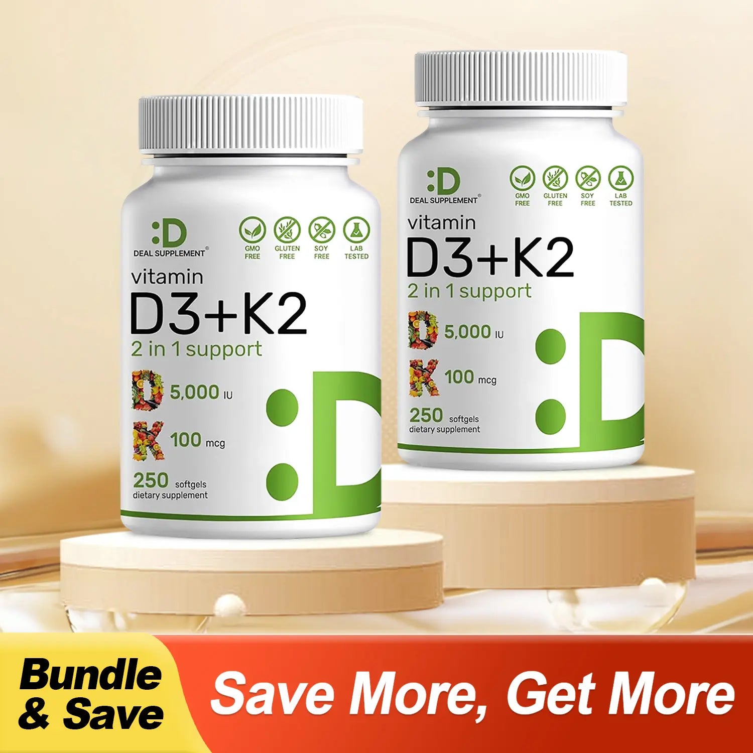 Deal Supplement Vitamin D3 & K2 250 Veggie Softgels 5000 IU D3 100mcg K2 MK7 Supports Healthy Bones Teeth Heart & Immune System Calcium Supplement