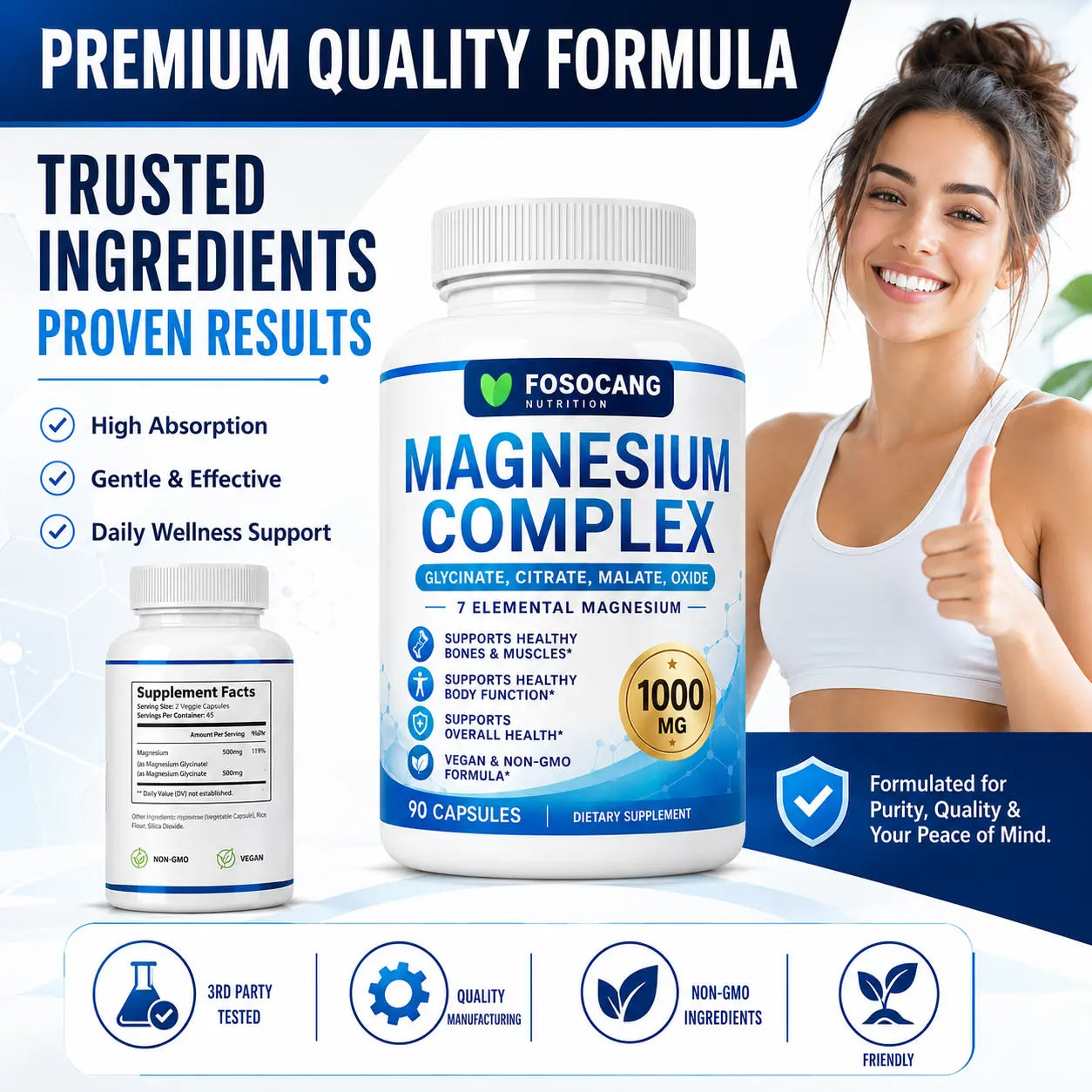 FoSoCang 1000mg 7-Elemental Dietary Magnesium Complex - Non-GMO Multi-Mineral Supplement with Calcium & Vitamin, 90 Capsules for Bone Health, Calming Support & Fitness