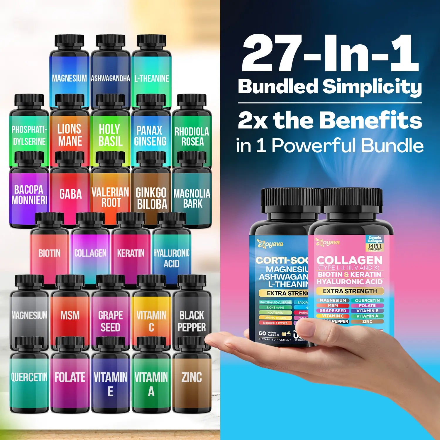 Shining Serenity Set - Zoyava Collagen & Cortisol All-in-One Dietary Supplement - Multivitamin Combo for Fitness & Healthcare with Extra Strength Ingredients - Made in USA