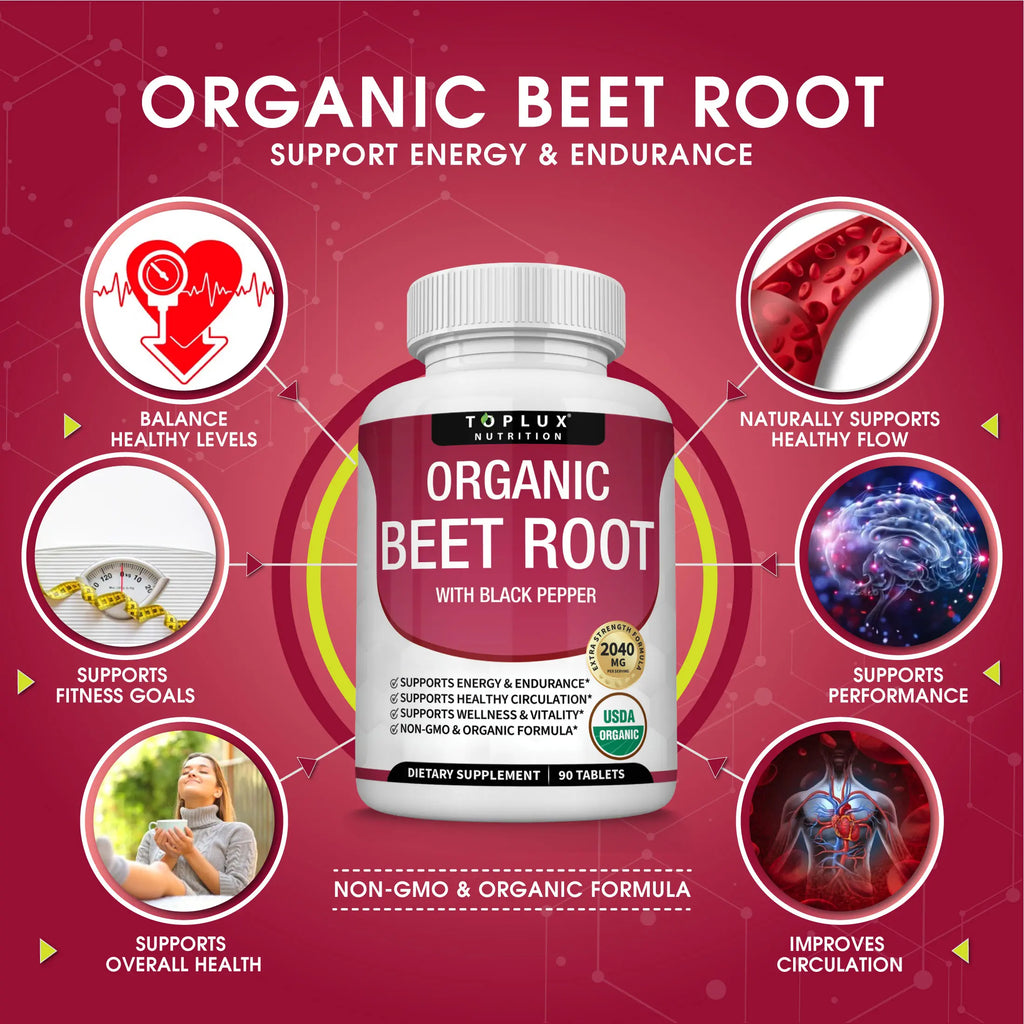 Toplux Organic Beet Root Tablets -  Nitric Oxide Booster Beetroot Supplement 2040mg