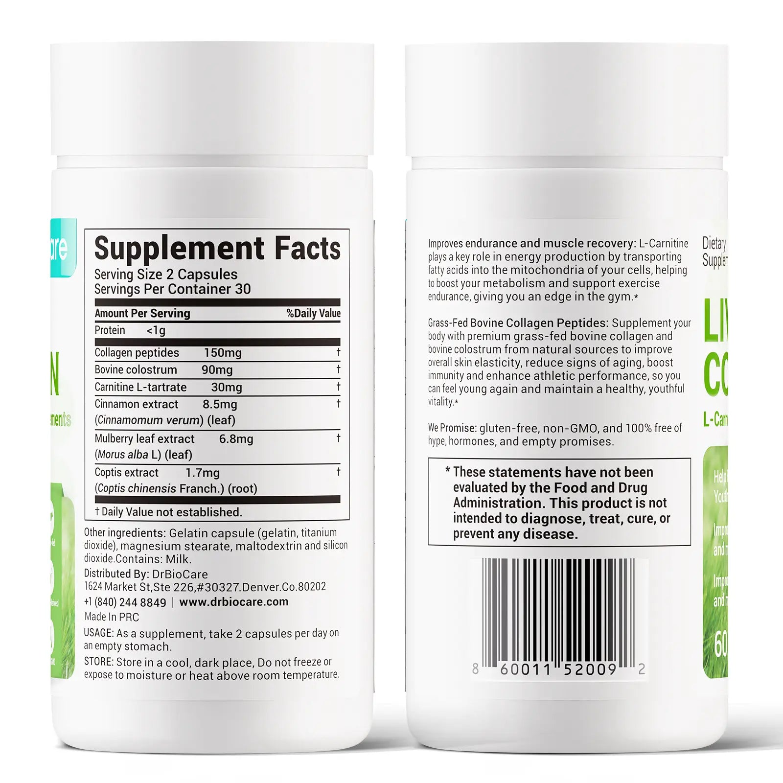 【Come on, man!】DrBioCare Living Collagen L-Carnitine Complex Supplement - 60 Capsules for Skin Vitality & Metabolism Boost