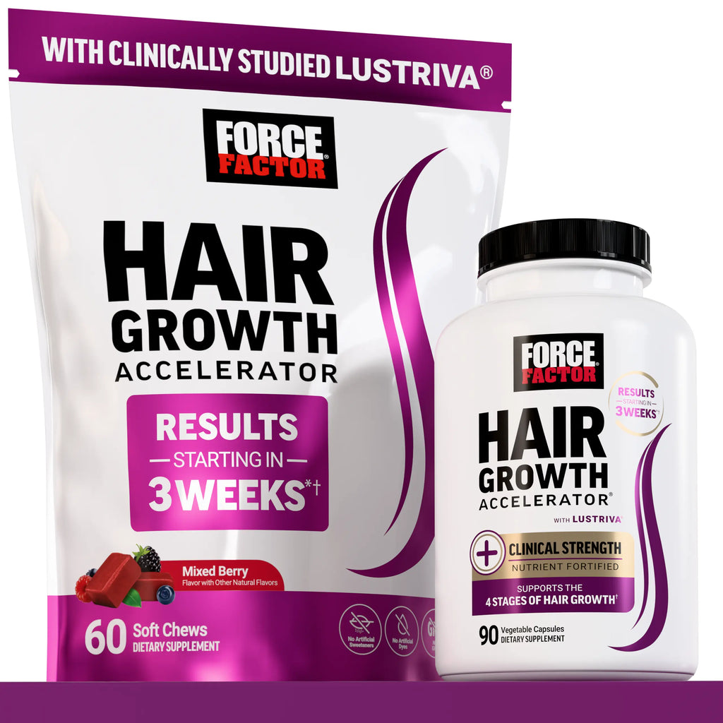 Force Factor Hair Growth Accelerator | Clinically Studied Lustriva for Thicker Stronger Hair, Biotin, Vit C & E, Mixed Berry Soft Chews or Capsules