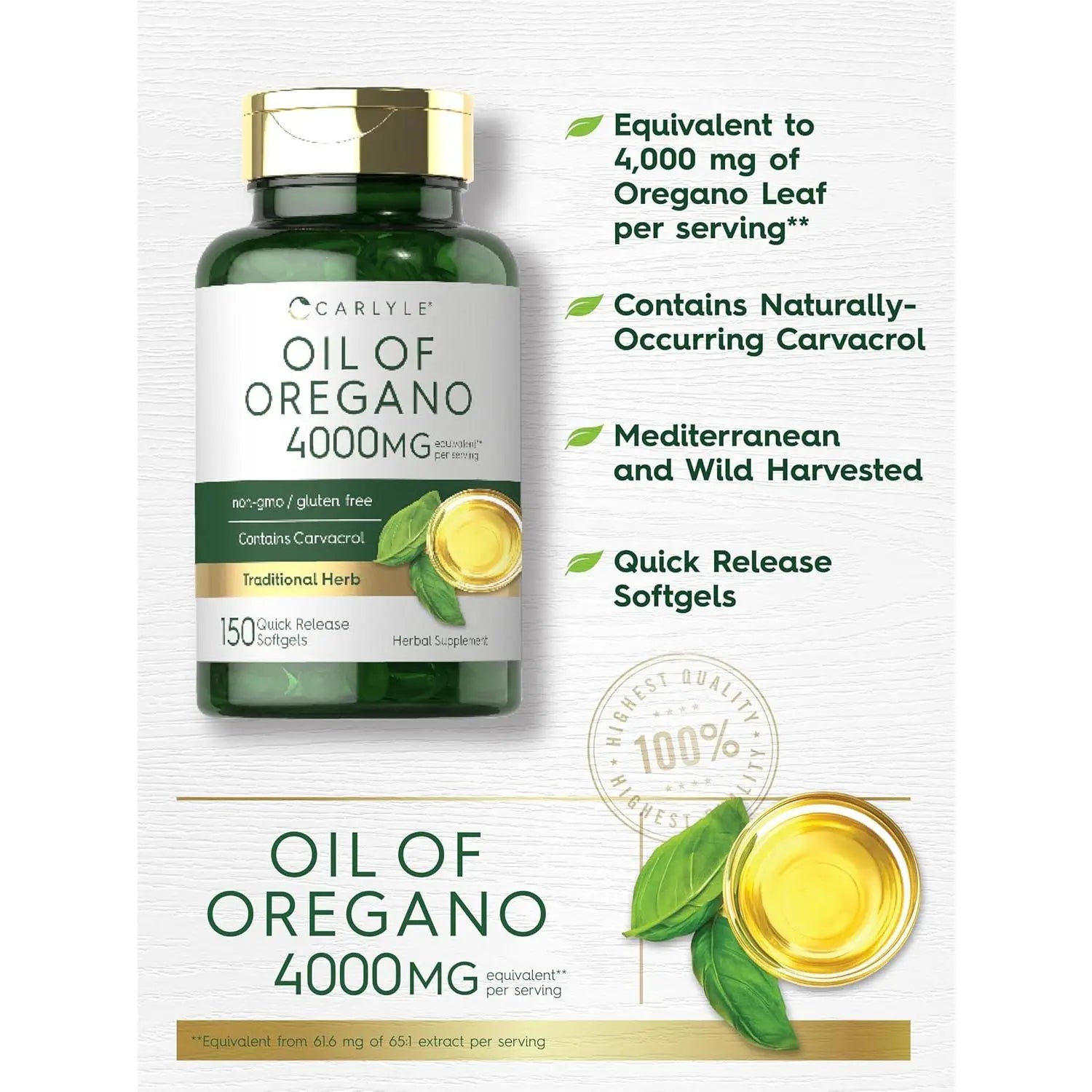 Carlyle Oregano Oil 4000Mg Supplement | 150 Softgel Capsules | Contains Carvacrol | Non-Gmo & Gluten Free Formula Carlyle