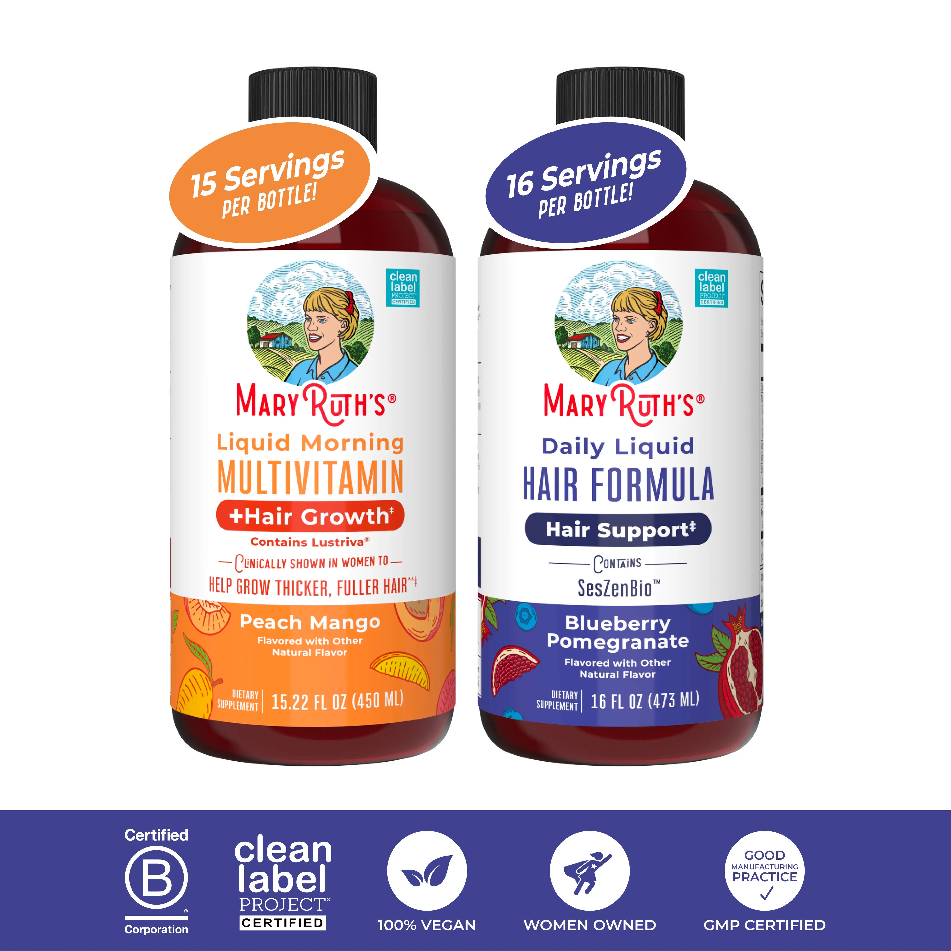 MaryRuth’s Hair Care & Wellness Bundle – Daily Liquid Hair Formula 16 oz & Liquid Morning Multivitamin + Hair Growth Peach Mango