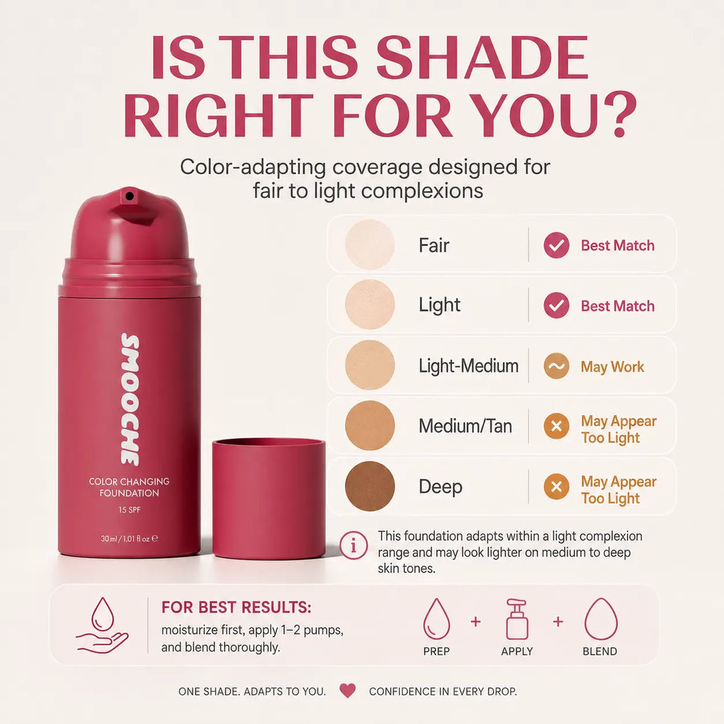 SMOOCHE Color Changing Liquid Foundation for Fair to Light Skin Tones, SPF 15 | Lightweight Hydrating Face Makeup