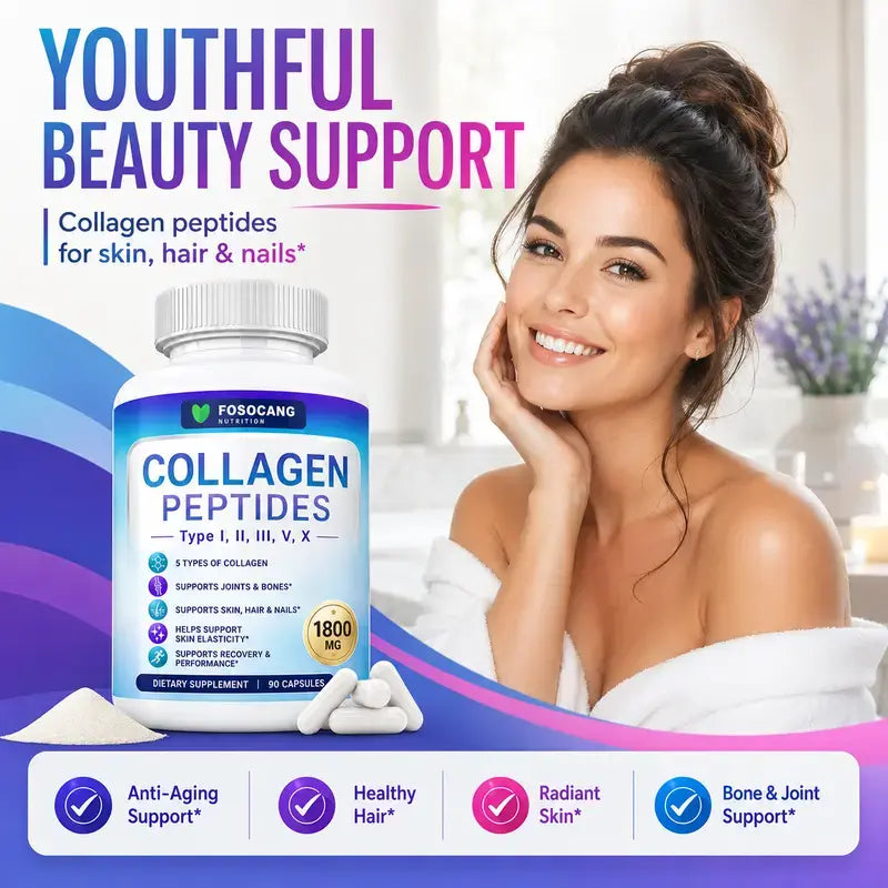 FoSoCang Multi Collagen Peptides Complex Supplement - 5-Type Pure Collagen, 1800mg Nutrition Capsules, 90-Count for Youthful Hair & Nail Care, 24-Month Shelf Life Health Beauty Dietary Supplement
