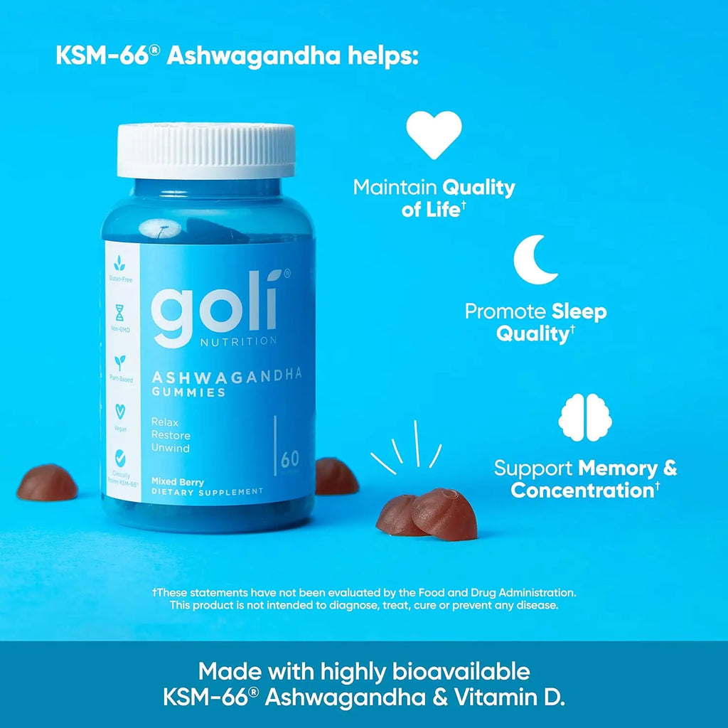 3 Bottles of Goli Ashwagandha & Vitamin D Gummy - Mixed Berry, KSM-66, Vegan, Plant Based, Non-GMO, Gluten & Gelatin Free