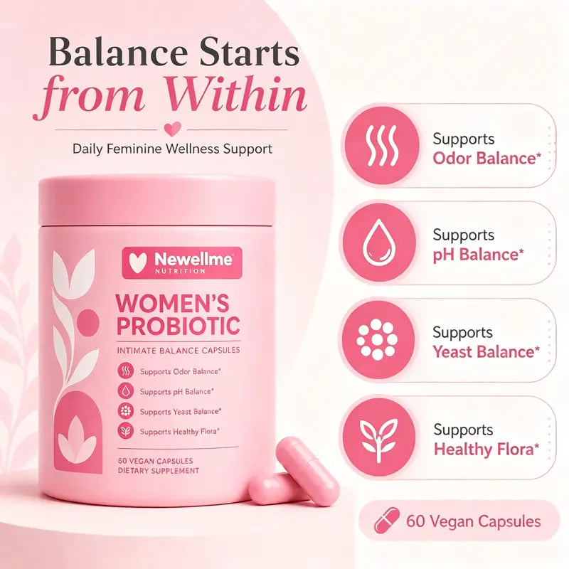 Newellme Women's Balanced Nutritional Probiotic-Prebiotic Capsules - 60 Count (Pack of 1) - Probiotics for Women, Gut Balance, Healthy pH, Odor Control, Healthy Bacteria, Body Health, Capsule Format for Easy Daily Use, Prop 65 Safe Dietary Supplement, Lac