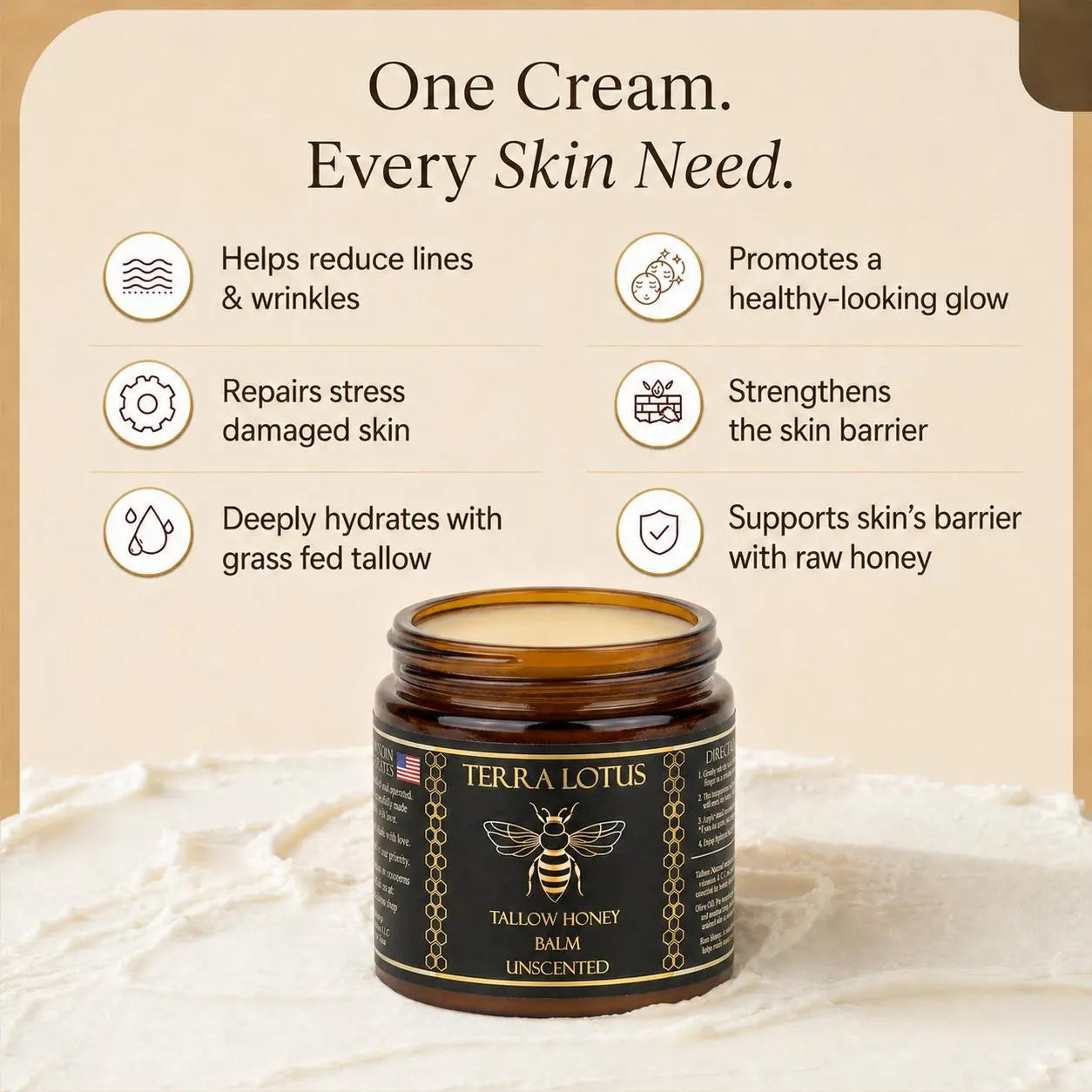Organic Grass-Fed Beef Tallow Balm with Raw Honey - Handmade All-Natural Moisturizer for Soft, Smooth, Radiant Skin