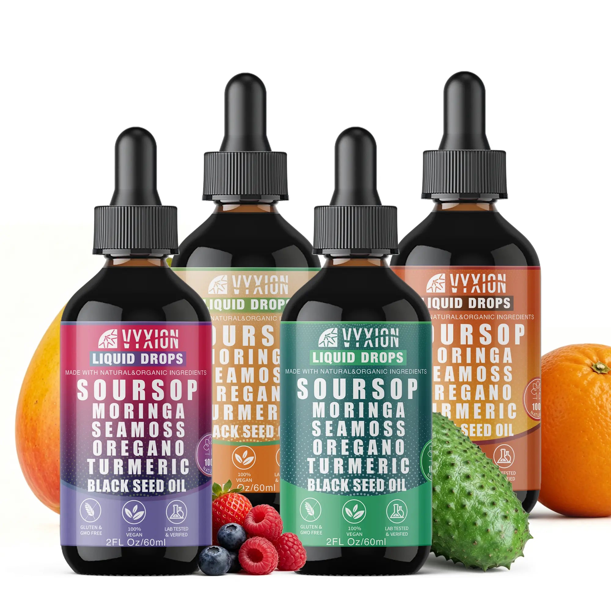VYXION Pure Soursop 10 in 1 Liquid Drops Extract - Seamoss,Moringa,Black Seed Oil,Turmeric,Oregano Liquid Drops for Immune System and Gut Health Support