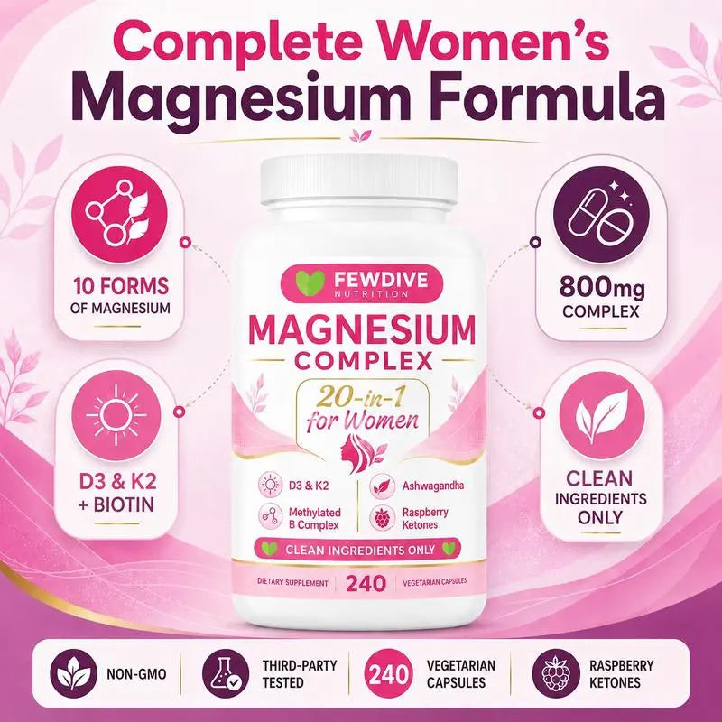 FEWDIVE Magnesium Complex for Women, 240 Vegetarian Capsules | 20-in-1 Formula - Magnesium Blend with Vitamin D3, K2, Ashwagandha & More | Filler Free, Non-GMO / Healthcare,Dietary,Supplement,Edible,Bathroom,Optimum,Fitness