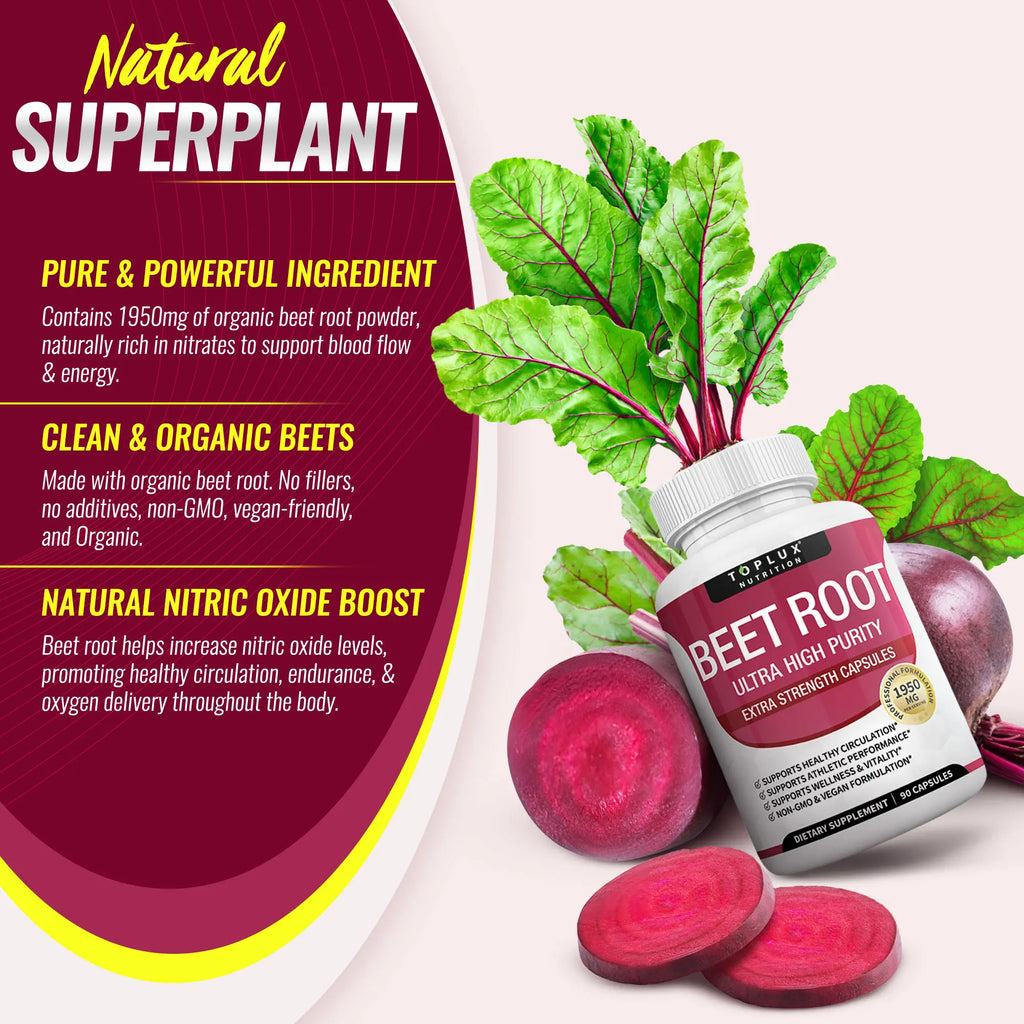 Organic beet root capsules - beetroot for blood flow and circulation, energy and overall health
